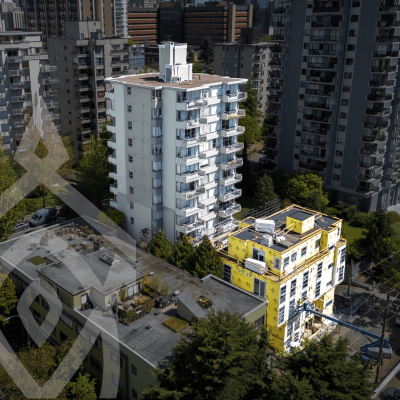 Newport Apartments and Kirya - external aerial photo of both buildings