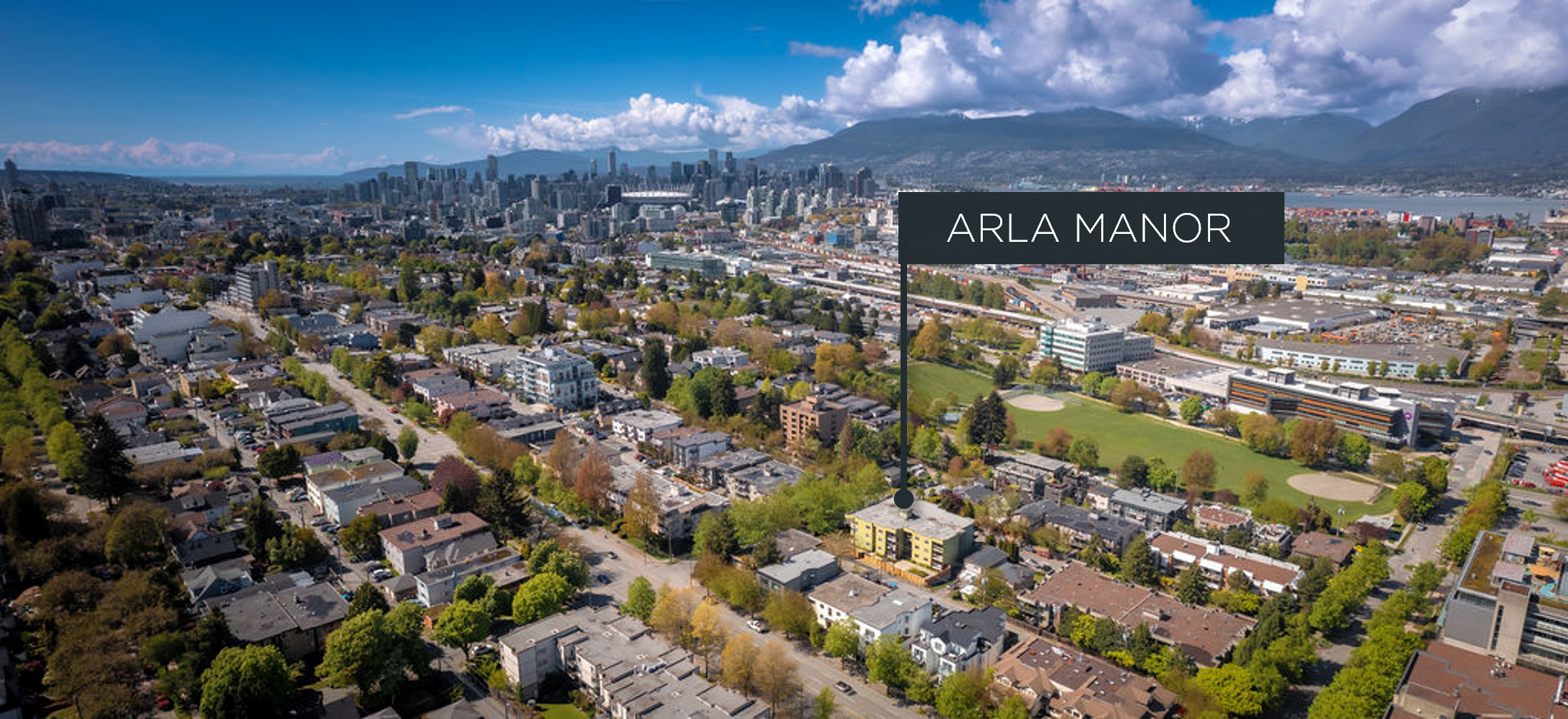 Arla Manor - Aerial Photo of surrounding neighbourhood with a pointed arrow at the property
